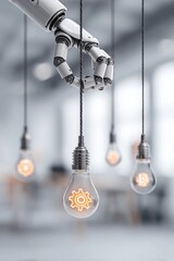 A futuristic robotic hand grips a light bulb with a gear symbol, representing technology and creativity in a modern workspace.