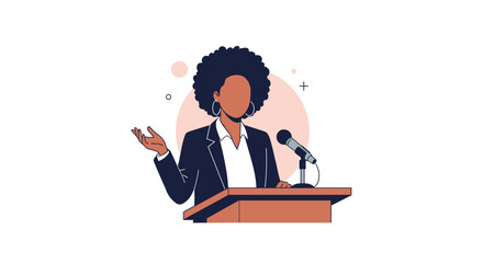 Illustrative representation of a woman delivering a speech or presentation with eloquence and confidence at a podium