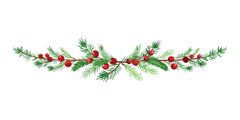 Curved pine garland with red berries on white background