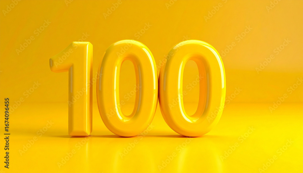 Poster shiny yellow plastic number 100 isolated on matching yellow backdrop. 3d rendering.
