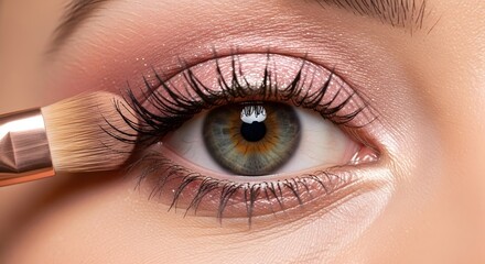 Obraz premium Closeup of a womans eye being professionally made up with a brush applying eyeshadow, highlighting the beauty and detail of the skin