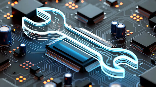 Modern circuit board with glowing wrench offers cutting edge technology and system repair solutions for business
