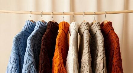 Cozy Knit Sweaters Hanging on a Clothes Rack, Warm Winter Fashion Apparel