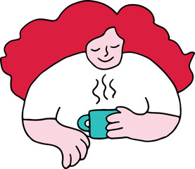 Woman with lush red hair enjoys hot drink with coffee or tea, colorful drawing, corporate memphis style, curved black lines brush