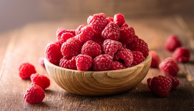 raspberry fruit in wooden bowl with rustic background fresh and vibrant red berries for healthy eating