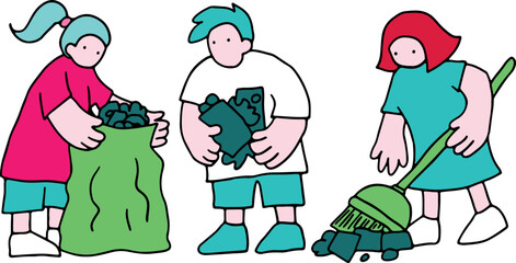 A group of young people collect trash and clean up, colorful drawing, corporate memphis style, curved black lines brush