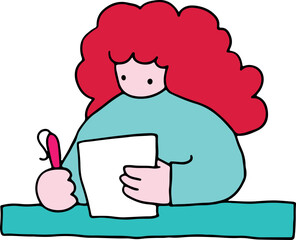 Young red-haired woman with curly and thick hair sitting at the table and holding a piece of paper and a pen in her hands, colorful drawing, corporate memphis style, curved black lines brush