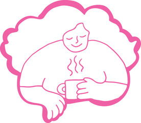 Young woman with wavy voluminous hair happy with a cup of hot coffee, white color on pink background, outline, no contours, corporate memphis style