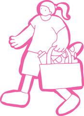 Young woman with hair in ponytail walking and carrying bag full of groceries from grocery store, white color on pink background, outline, no contours, corporate memphis style