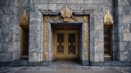 Art deco building entrance with gold details and marble wall