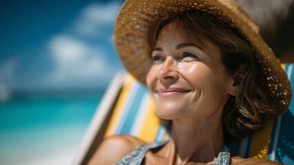 A joyful woman in beachwear relaxes on a vibrant chair, with a straw hat casting shadows, set against a backdrop of turquoise waters and a clear sky.