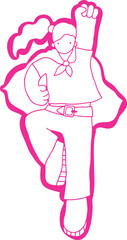 Young female superhero with hair in ponytail and cape on her back flying up raising her fist and looking at camera, white color on pink background, outline, no contours, corporate memphis style