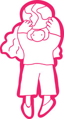 Young woman standing and holding globe in hands above head, white color on pink background, outline, no contours, corporate memphis style