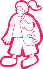Young woman walking with a bag on her shoulder with a symbol of caring for nature, white color on pink background, outline, no contours, corporate memphis style