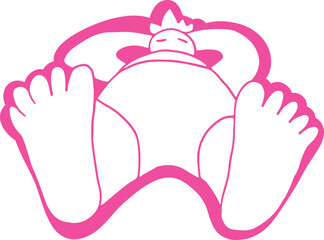 Man lying resting on his back with his hands under his head, big feet, bottom view, white color on pink background, outline, no contours, corporate memphis style