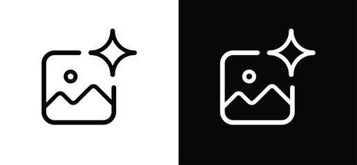 Set of generative AI image icons, landscape tile with sparkle stars, minimalist line vector for image generation, rounded square for app and web UI. Vector illustration.