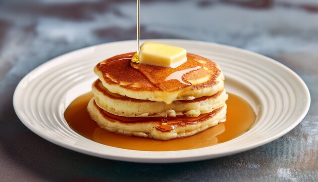 white ceramic plate holds fluffy pancakes made with cottage cheese butter melts slowly maple syrup flows evoking homemade comfort