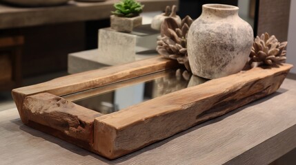 Rustic wood tray with mirror home decor and vase arrangement