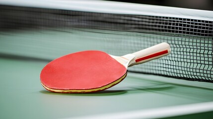 Closeup Red Ping Pong Paddle on Table Tennis Net