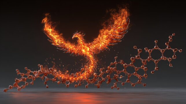 Molecular structure morphing into a fiery phoenix rising from scaled patterns.
