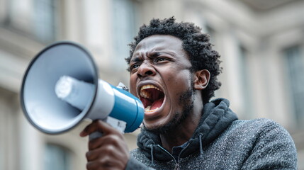 African american man using a megaphone, screaming and protesting outdoors. Street rally for activist issues during rain.