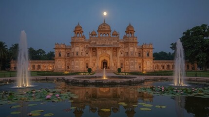 Stunning illuminated palace reflecting in tranquil water with moonlit sky, perfect for travel, architecture, and luxury concepts