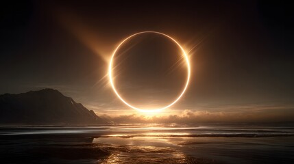 Ethereal Eclipse on Seashore, Dramatic Sky and Ocean Reflection