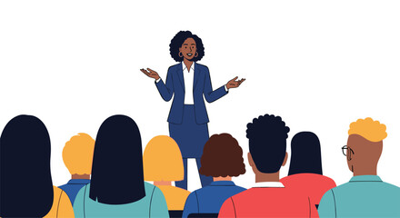 A powerful public speaker delivers an inspiring presentation to a diverse audience of engaged listeners