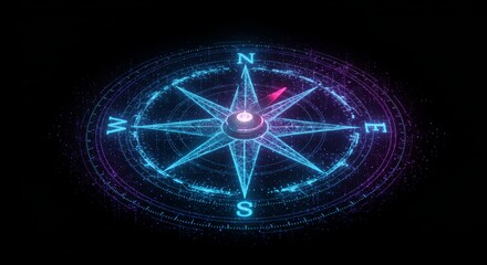 Digital compass visualization with glowing lines and particles on black background
