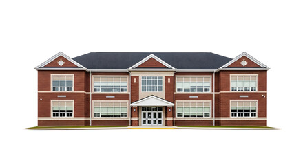 Front view of a classic red brick school building, featuring a symmetrical design, numerous windows, and a prominent entrance, isolated on a pristine white background