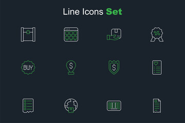 Set line Financial check, Barcode, Worldwide shipping, Shopping list, Shield with dollar, Cash location and Buy button icon. Vector