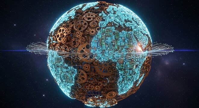 Futuristic Earth Globe with Gears and Circuits in Space