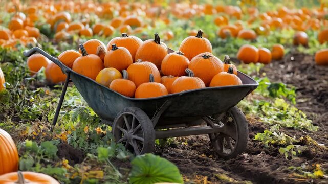 pumpkin patch with a wheelbarrow full of pumpkins 
