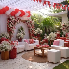 Elegant Red & White Outdoor Party Setup with Floral Decor