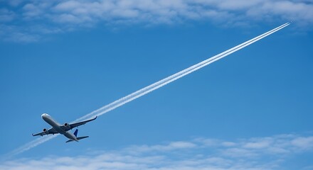 Fototapeta premium Jet airplane soaring through a bright blue sky leaving contrails