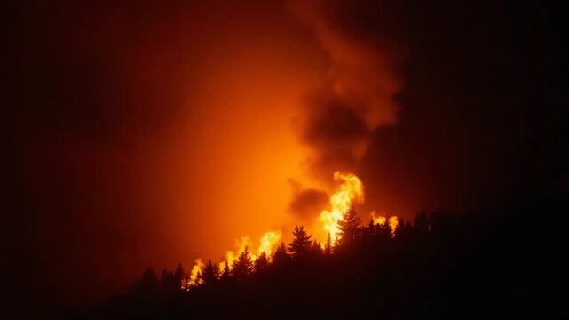 large flames of forest fire at night