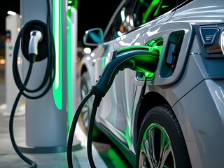 Modern electric car plugged in and charging with glowing green energy at a futuristic station