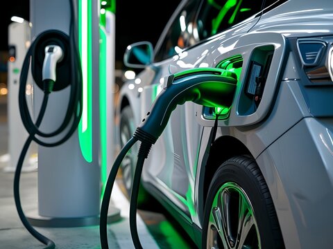 Modern electric car plugged in and charging with glowing green energy at a futuristic station