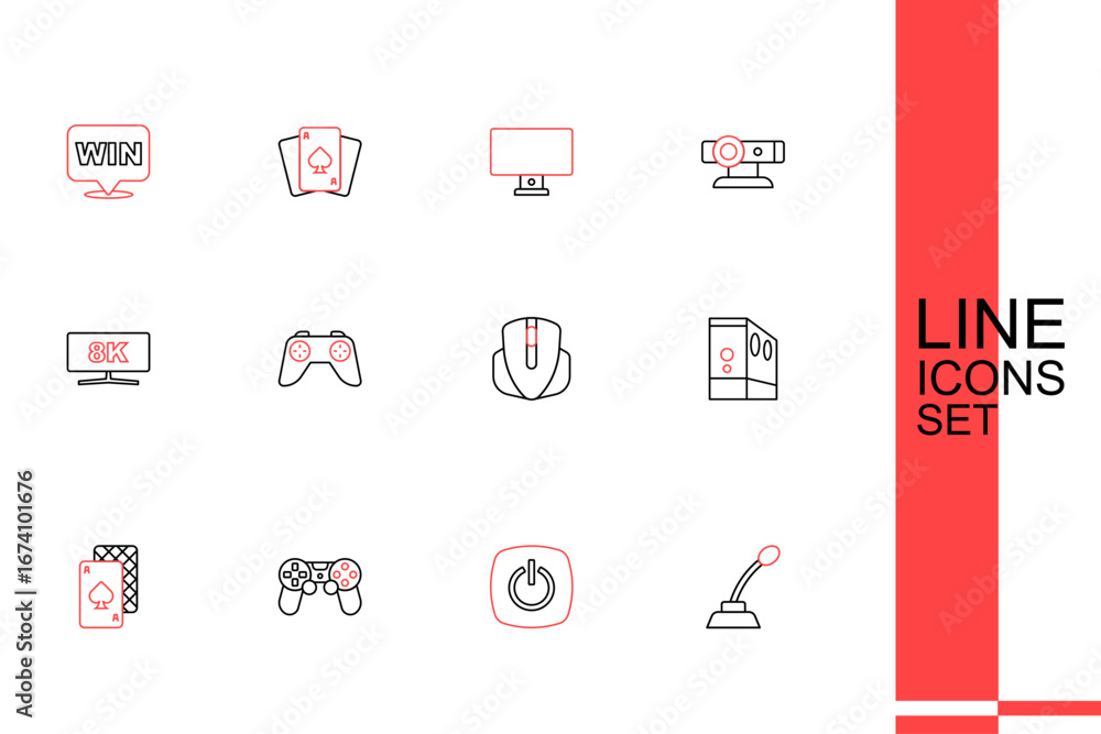 Poster set line microphone, power button, game controller or joystick, playing cards, case of computer, com