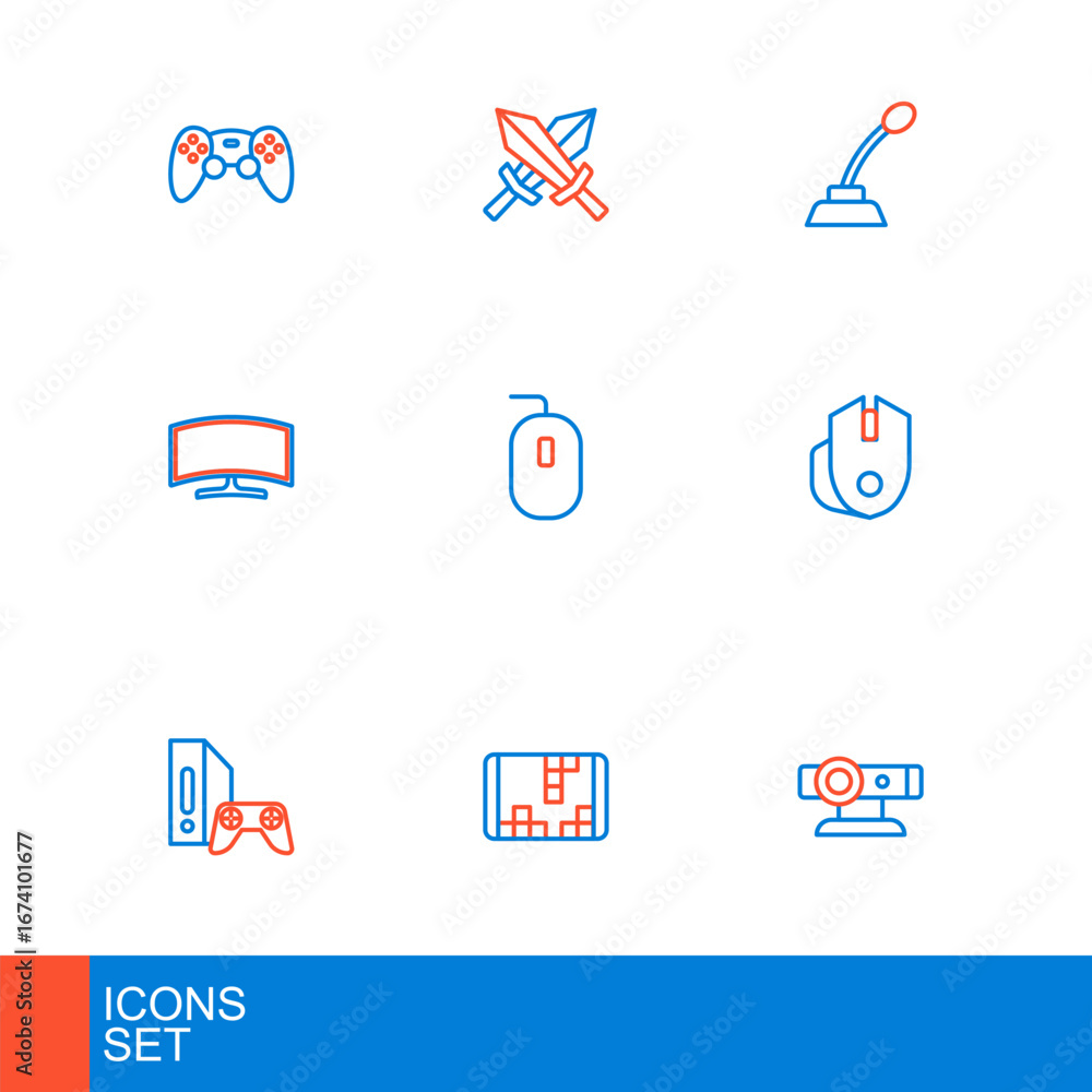 Poster set line web camera, portable video game console, game with joystick, computer mouse, monitor, micro