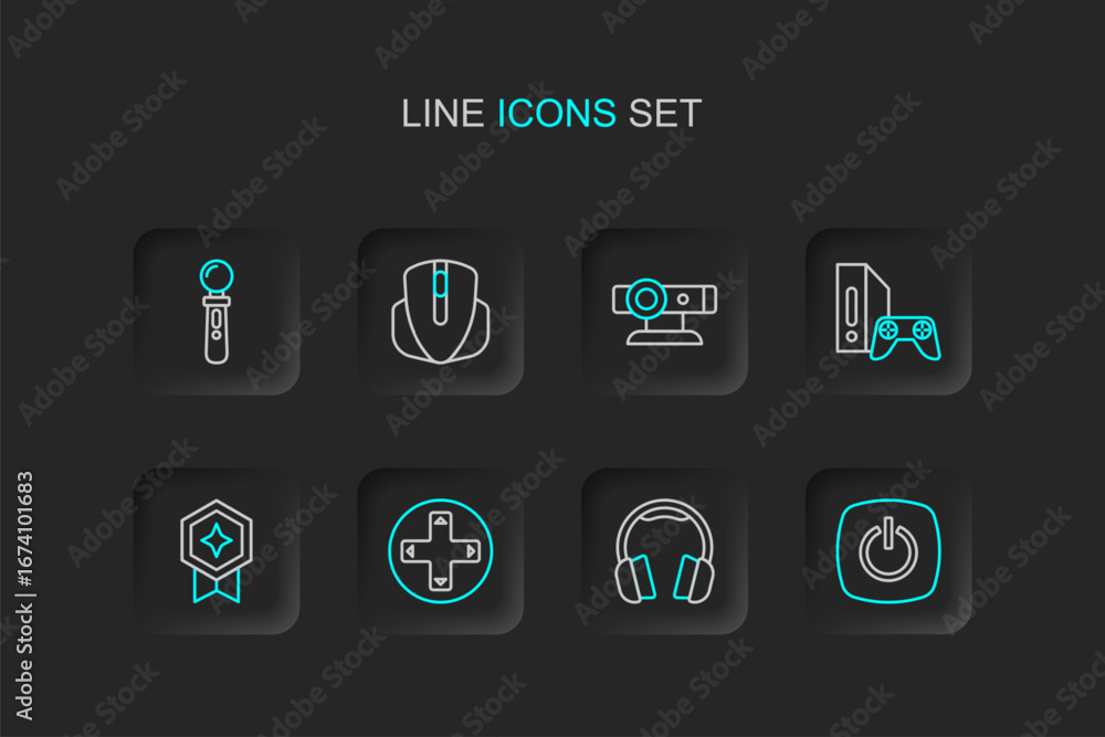 Aufkleber set line power button, headphones, game controller or joystick, rating with medal, console, web came