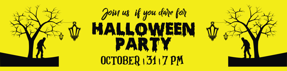 Zombie Walking Under Spooky Tree with Lantern Halloween Vector Banner