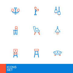 Set line Sofa, Chair, Lamp hanging, Furniture nightstand with lamp, Armchair, Library bookshelf and Floor icon. Vector