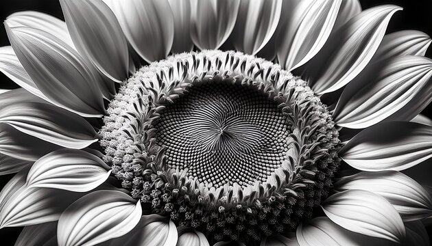 an artistic black and white illustration featuring a close up of a sunflower with detailed petals and leaves capturing the essence and beauty of the flower with intricate patterns