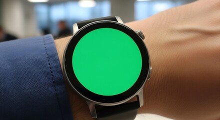 Businessman wearing a modern smartwatch with a green chroma key screen, perfect for technology mockups and compositing