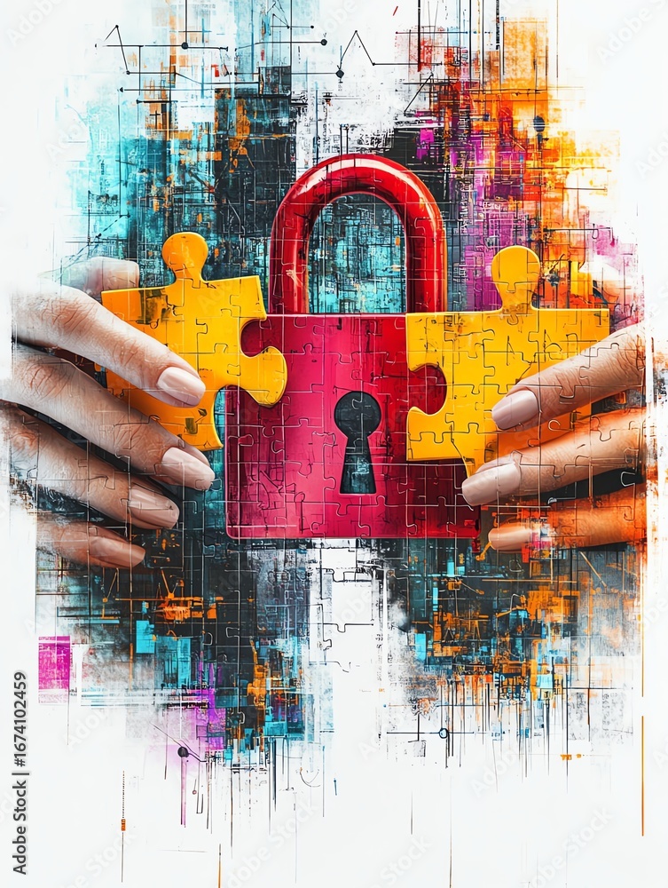 Poster abstract puzzle pieces securing a padlock, symbolizing data protection.