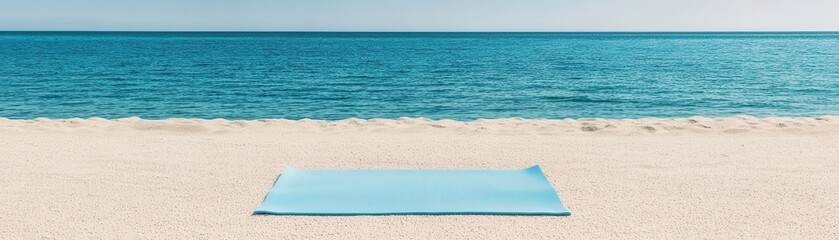 Obraz premium A serene beach scene featuring a blue yoga mat on soft sand with tranquil ocean water in the background.