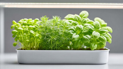 Variety of healthy green microgreens growing in a white rectangular planter under a grow light. Indoor gardening for fresh herbs. Cloud Dancer Color of the Year 2026
