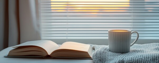 A cozy scene featuring an open book and a steaming cup on a soft blanket, illuminated by warm sunlight filtering through window blinds.