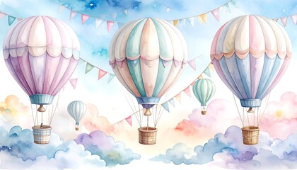 Three pastel-colored hot air balloons float serenely amidst soft clouds and festive flags against a vibrant sky.